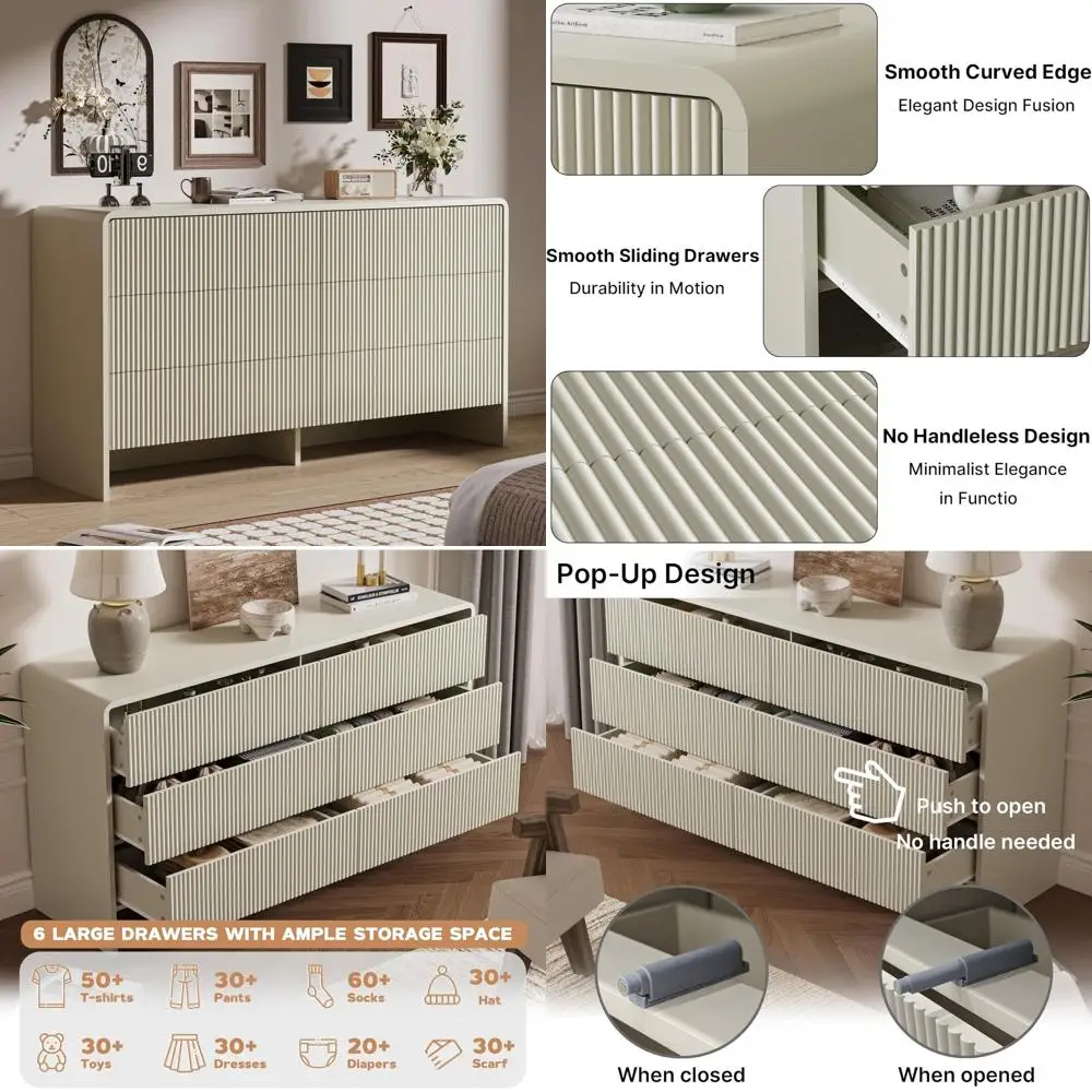 Contemporary Beige Curved 6-Drawer Dresser for Bedroom, Living Room, or Entryway with Push-to-Open Storage