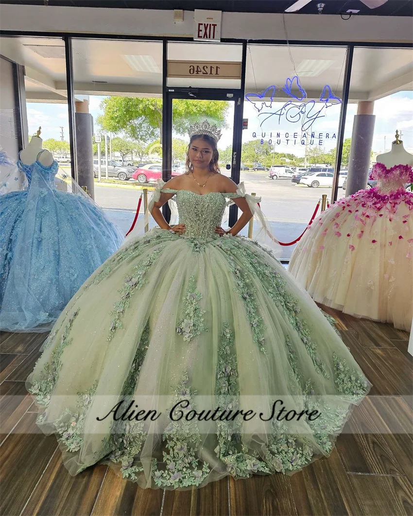 New Green Ball Gown Quinceanera Dress 2024 3D Floral Appliques Beaded Crystal Sweet 16 Dress Vestido De 15 Anos  Customized