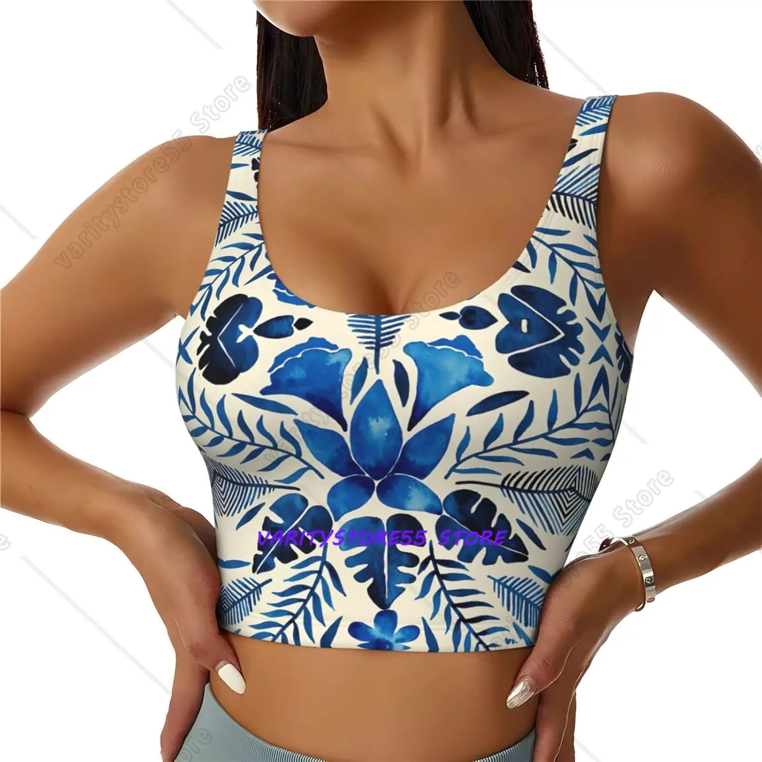 Blue Watercolor Floral Women's Sports Bra Yoga Crop Gym Tank Tops U Back Exercise Workout Top Removable Pads Fitness Outfit