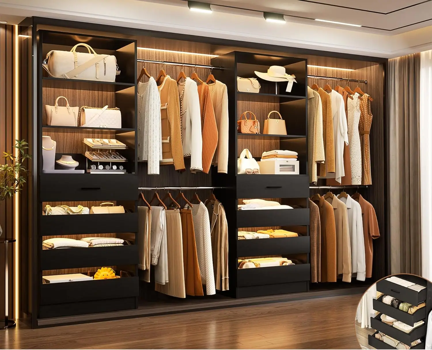 Closet System, 6-15Ft Closet Organizer with 8 Wooden Drawers, Wood Closet Organizer System with Tower, Walk-in, Customized