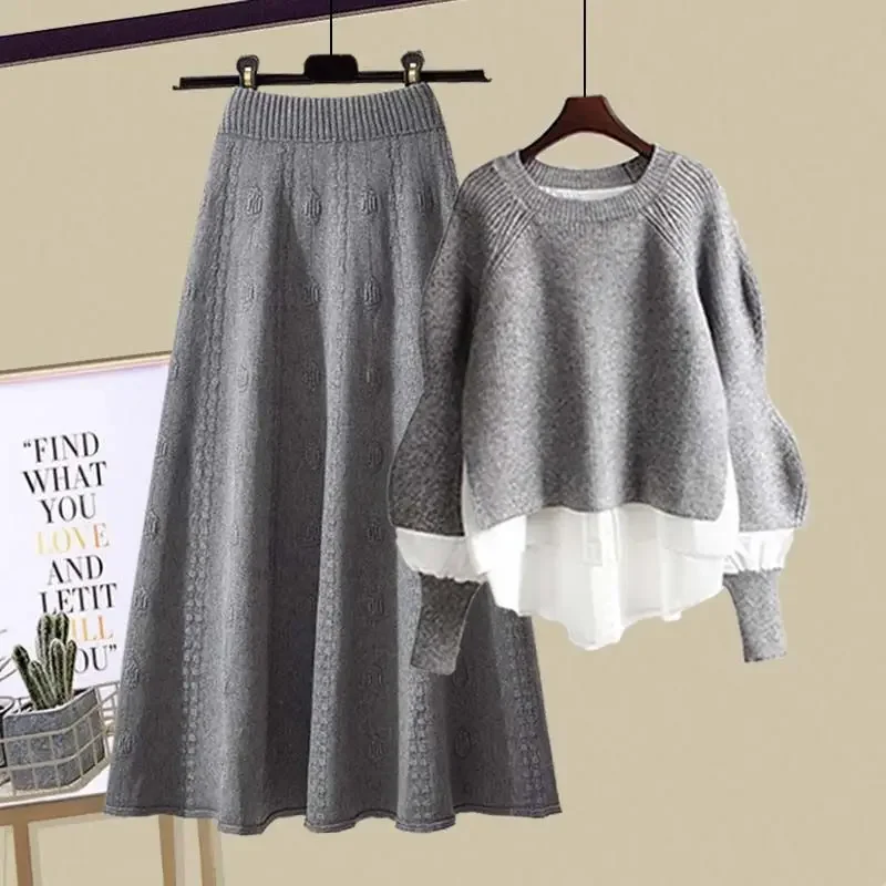 

Korean Autumn Winter Set Women 2025 New Fake Two-piece Knitted Sweater + Half Knit Skirt Age Reducing Matching Set