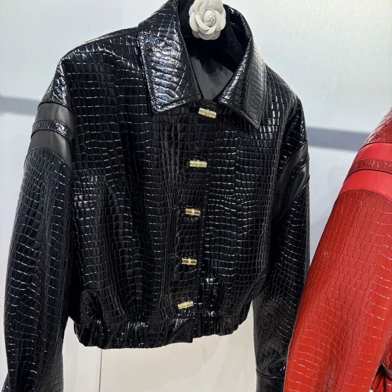 Manteau femme printemps et automne 2025, nouvelle mode, peau de mouton véritable naturelle, Imitation peau de crocodile, texture courte longueur