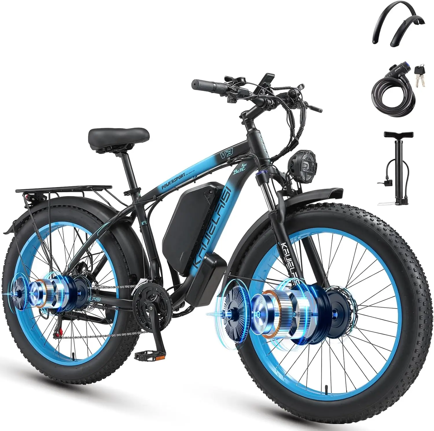 Bicicleta eléctrica para adultos, bicicleta eléctrica con neumático ancho de 26 pulgadas de potencia máxima de 4000 W, bicicletas eléctricas de doble motor de 34 MPH, batería extraíble de 48 V y 23 Ah F