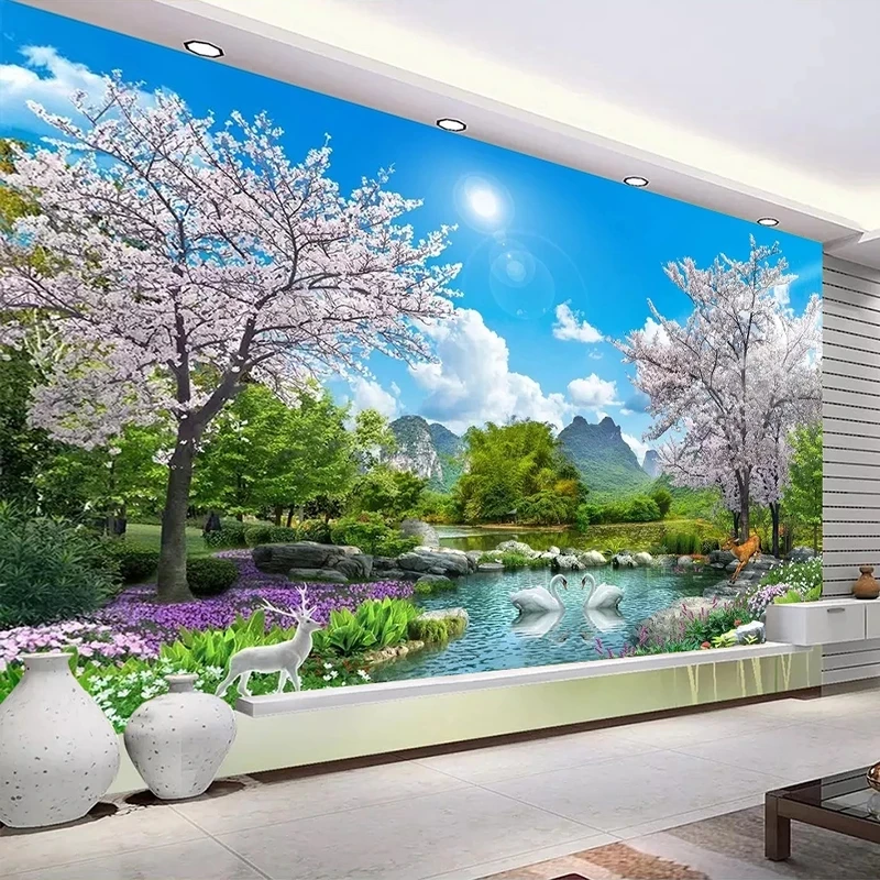 Custom 3D Photo Wallpaper Cherry Blossom Tree Swan Deer Landscape Bedroom Mural Living room sofa TV background wall restaurant