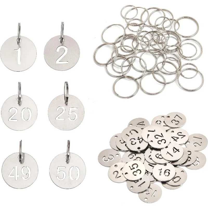 50Pcs Number Tags Stainless Steel Metal Round Numbered Tags ID Number Tags Identification Hang Label Tags with 50 Pcs Key Rings