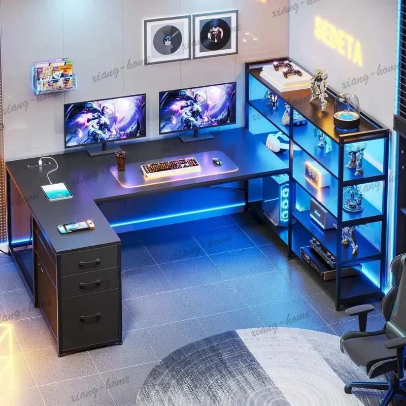 LD Dynamic L‑Shaped Gaming Desk, Reversible U‑Shaped   with Power Outlet & Storage Shelves for Corner, Customized