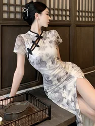 Chinese style cheongsam 2024 summer young high-end temperament floral and slim fit waist and long slit new style dress W8BA