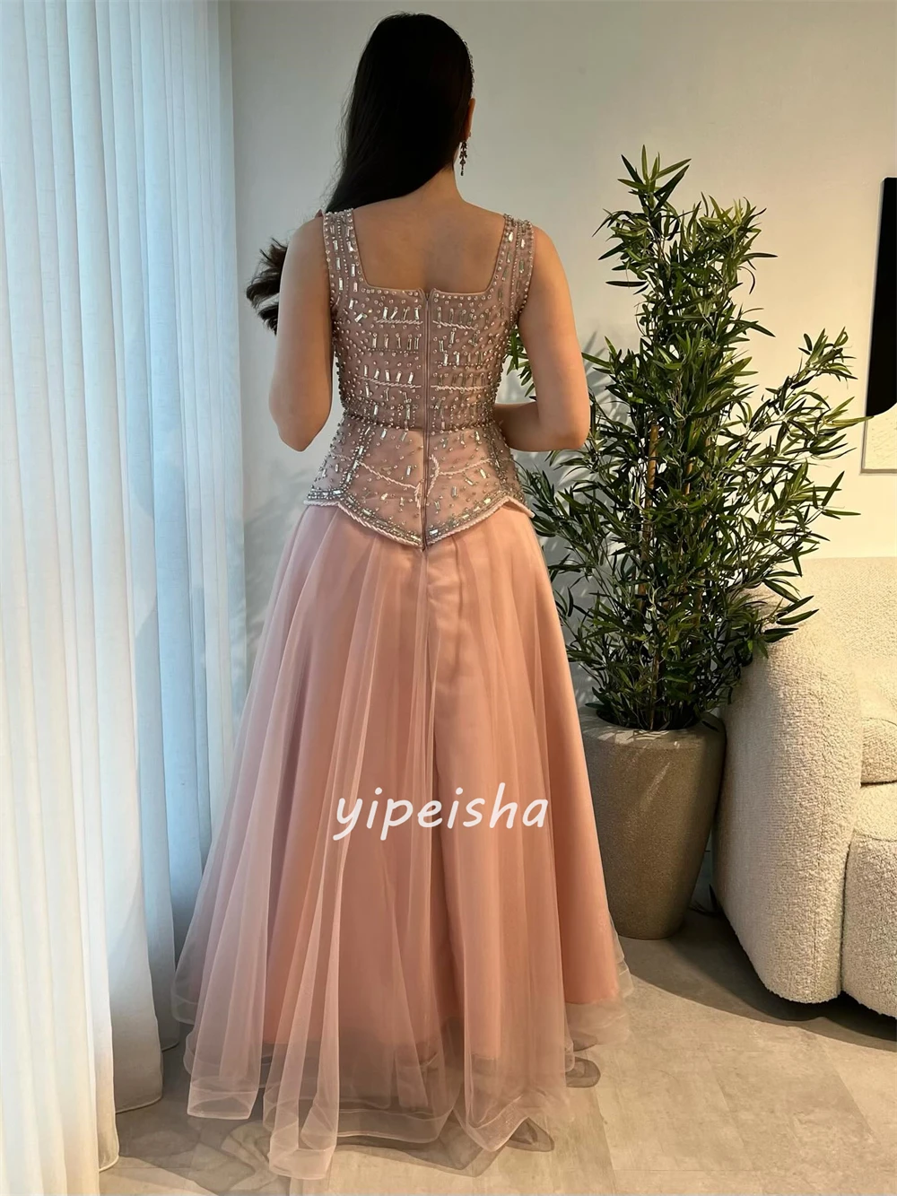 Maßgeschneiderte elegante Mode Tüll Strass Perlen A-Linie schulterfreie lange Kleider maßgeschneiderte Anlasskleider passend zu sexy