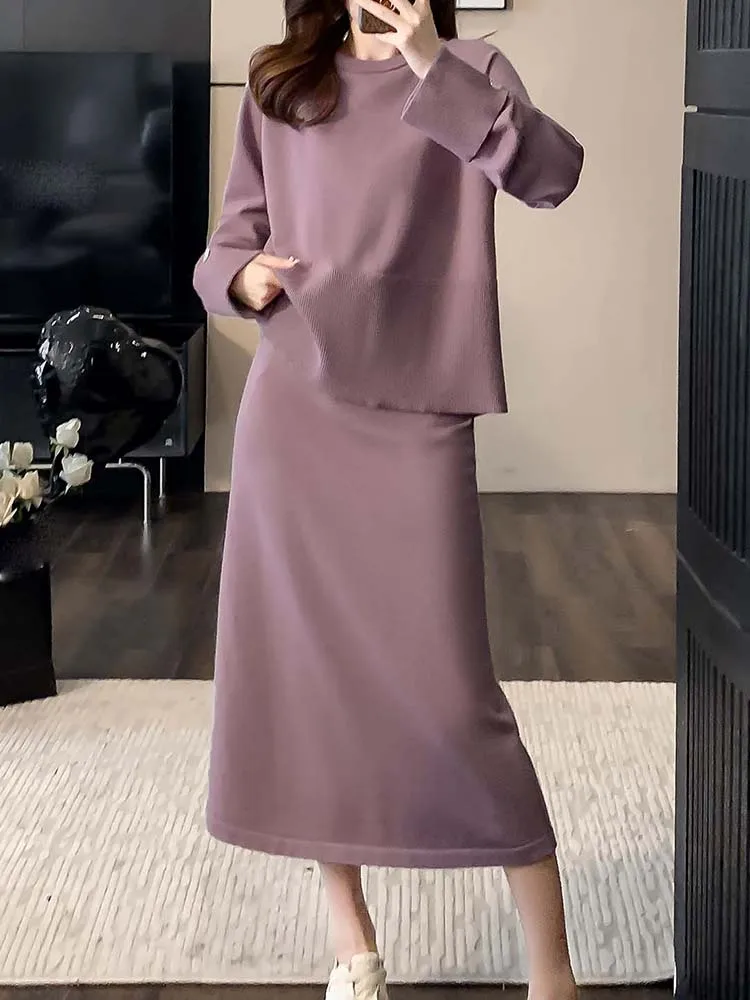 

High Quality Round Neck Long Sleeved Pullover Knitted Sweater+Half Skirt Two-Piece Set 2025 New Fashionable Women'S Clothing