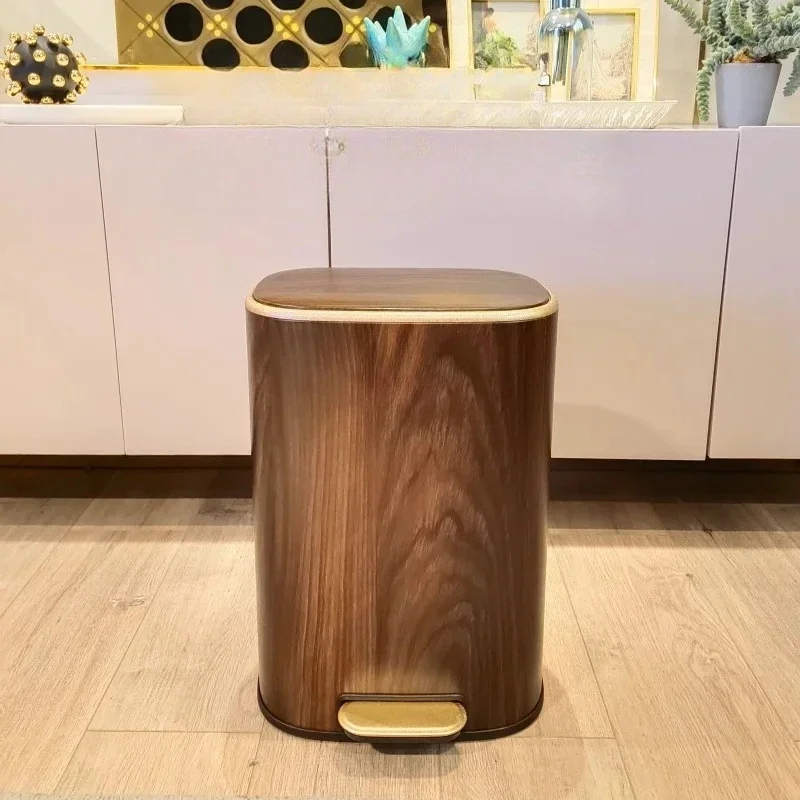 Nordic Style Luxury Walnut And Stainless Steel Foot Pedal Trash Bin - Kitchen Bathroom Office Garbage Can with Lid