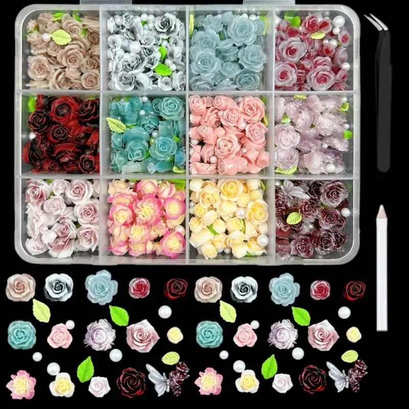 1Box Colorful Peony Camellia Flower Mixed Nail Charms Multiple Styles Flowers Series Fresh Summer Nail Art Decoration DIY Nails