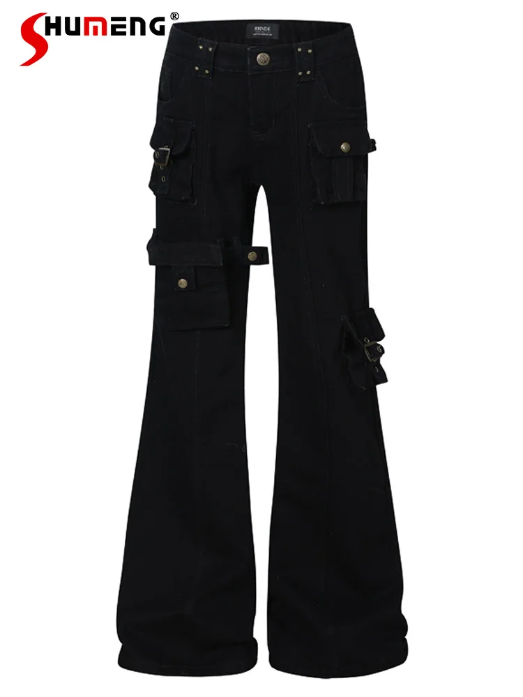 

High Street Flared Cargo Jeans Men Women 2025 Autumn Winter New Loose Rivet Strap Chic Denim Trousers Straight Long Denim Pants