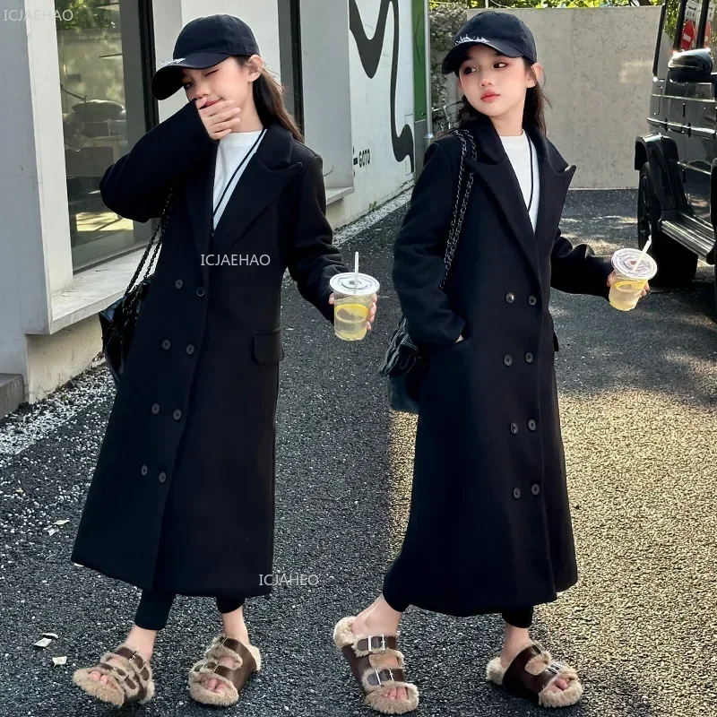 Teen Girls Long Woolen Overcoat Double Breasted Cotton Windbreak Jacket Winter Thicken Cotton Warm Coat School Children Clothes