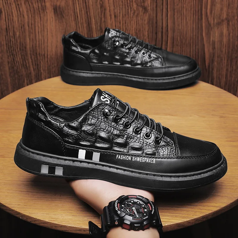 Fashion Men's Casual Shoes Crocodile Pattern Men Board Shoes Anti-slip Trendy Sneakers Lightweight Soft Bottom Lace-up Plat Shoe