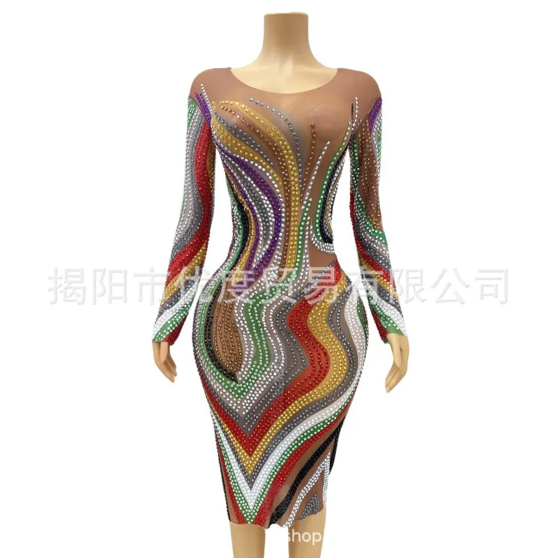 Multi-color Perspective Glam Design Sense Rhinestone Dress Birthday Party Night Skirt Performance Clothes Colorful Rain Vestidos
