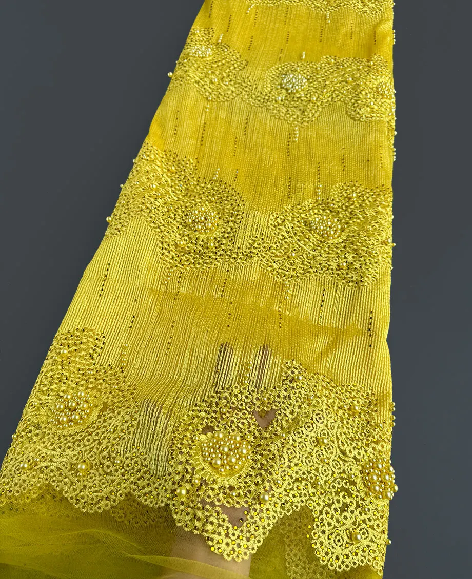 

Plain Aqua Yellow Big Heavy Bridal Tulle Lace African French Mesh Sewing Fabric with Lots of Beads Stones High Quality