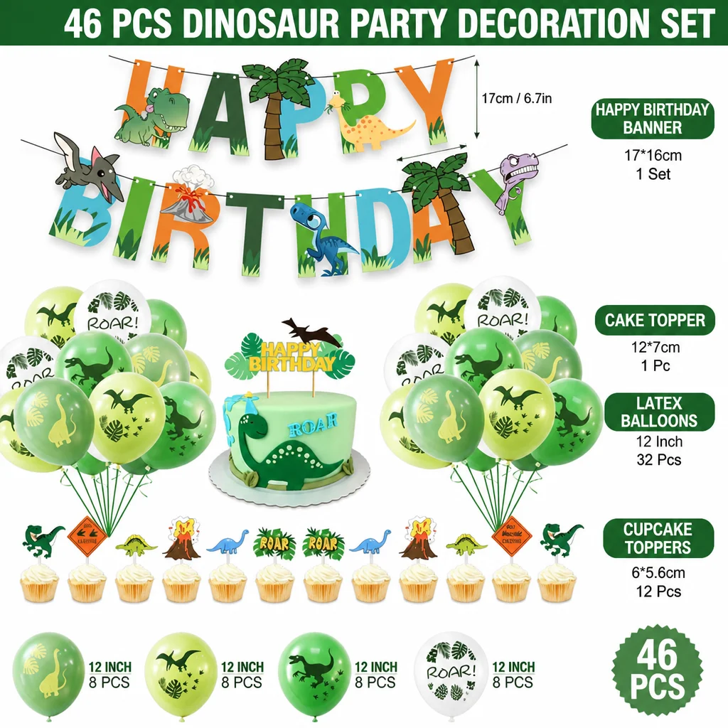 Dinosaur Birthday Decor Kit 46 Pcs, Happy Birthday Banner, 32 Balloons, Cake, Cupcake Toppers, Jungle Dinosaur Supplies for Boys