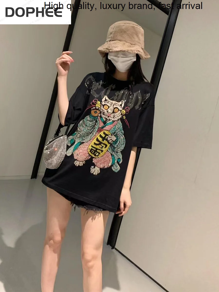 

Brand Luxury Tide Blingbling Summer Women T-shirts Cartoon Big Wings Loose Short Sleve Pullover Top O-neck Black Streetwear Tees