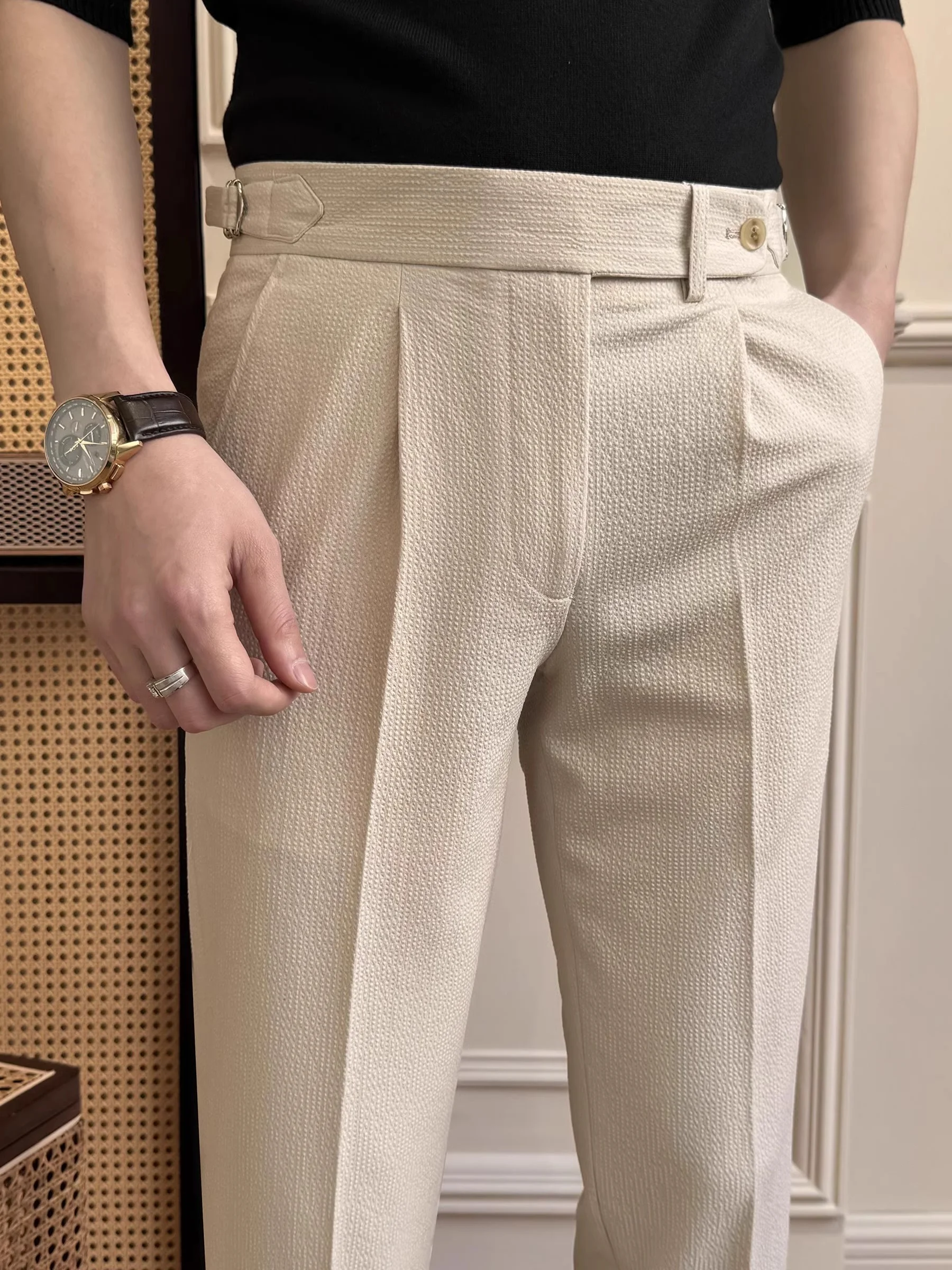 

Neapolitan Bubble Cloth Men's Slim Fit Casual Pants Autumn Winter Nine Points Briti Sle Haome Straight Leg Trousers