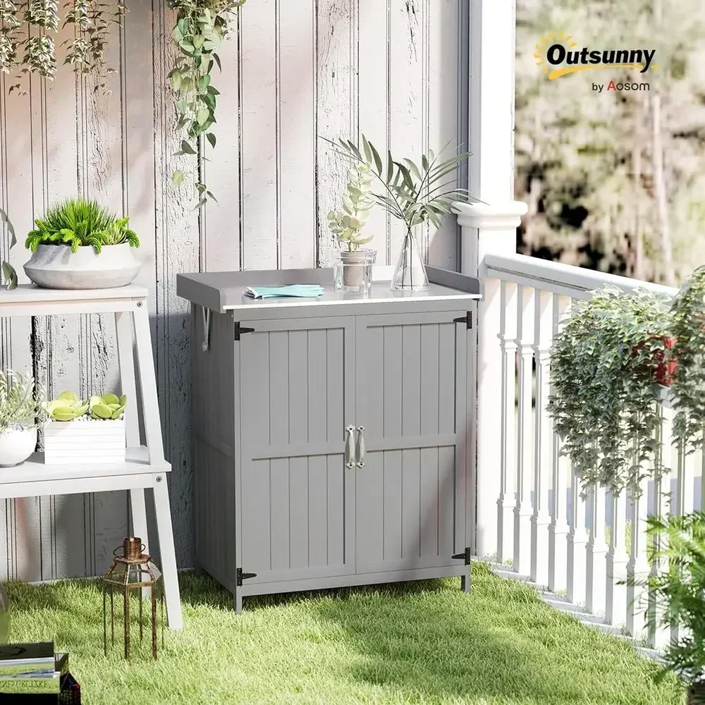 Gray Outdoor Storage Cabinet with Metal Tabletop and Shelving, Wooden Potting Bench for Patio and Lawn