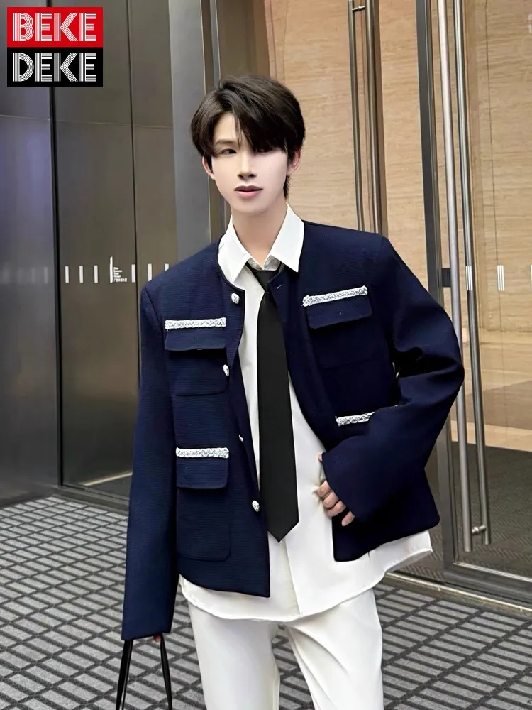 Hot Sale Multi Pocket Mens Short Jacket Contrast Color Design Jackets New Style O-Neck Outerwear Single Breasted Casual Coat