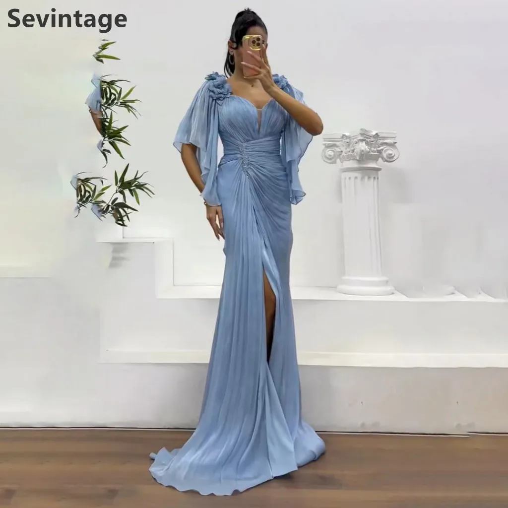 

Sevintage 2025 Sky Blue Silk Chiffon Slit Mermaid Pleated Maxi Evening Dress Prom Gown Dubai Women Formal Dress Customized