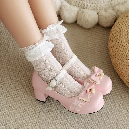 Spring Lolita Shoes Bow Tie Mary Janes Shoes Girls School Student Casual Pumps Woman Platform High Heels Cosplay Zapatos Mujer