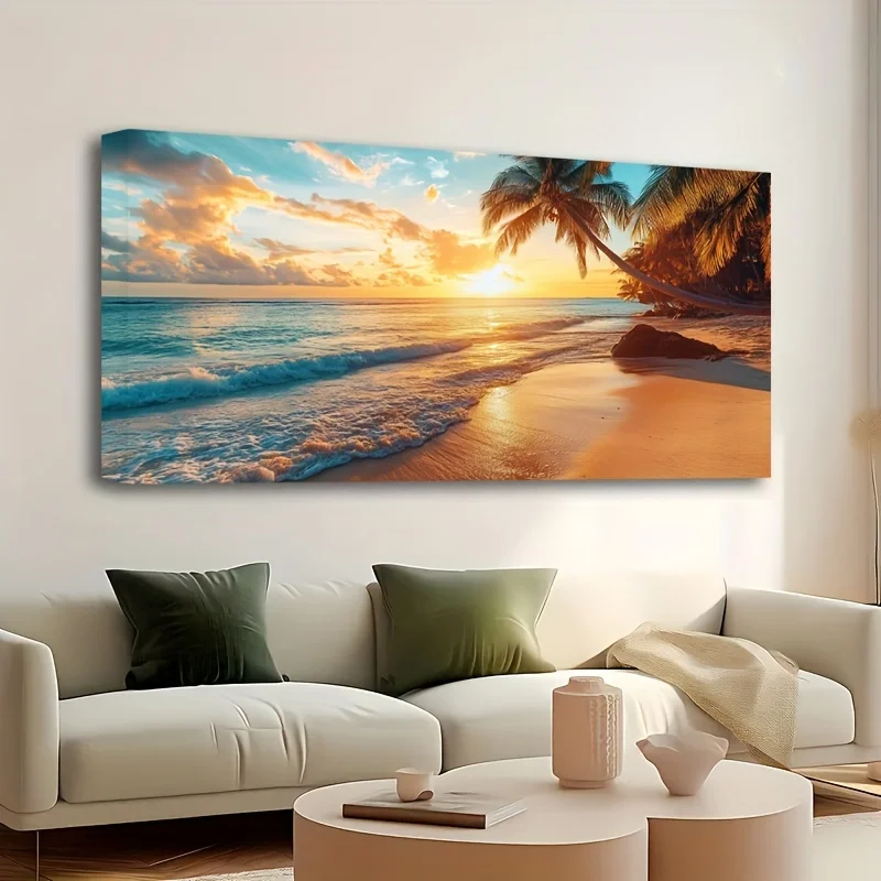 Large-sized frameless canvas paintings,Ocean Sunset Coastal Scenery Beach Poster and Prints Seaside Scenery Canvas Painting Wall