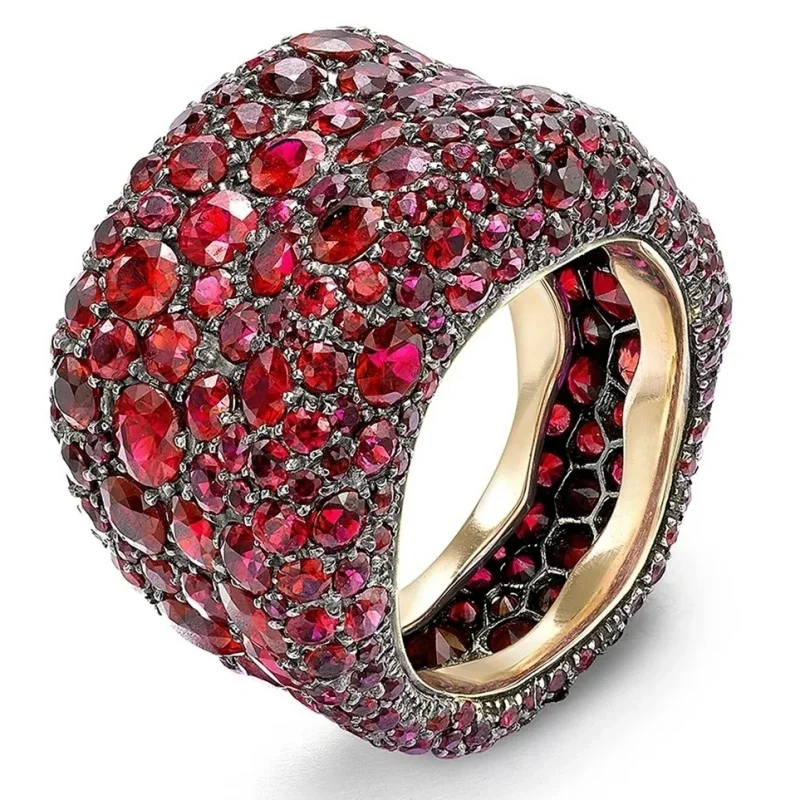 Damen-Mode-Persönlichkeitsring mit vollflächigem rotem Zirkonia, funkelndem Design, breiter Ring, Accessoire für Party und Bankett – Detail 1