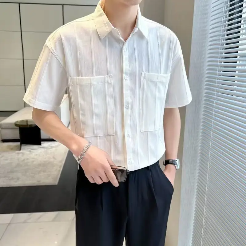 

Men's Clothing Summer Premium Stripe Jacquard Short Sleeve Shirt Men's Light Maturity Trendy Loose Fit Comfortable Breathable