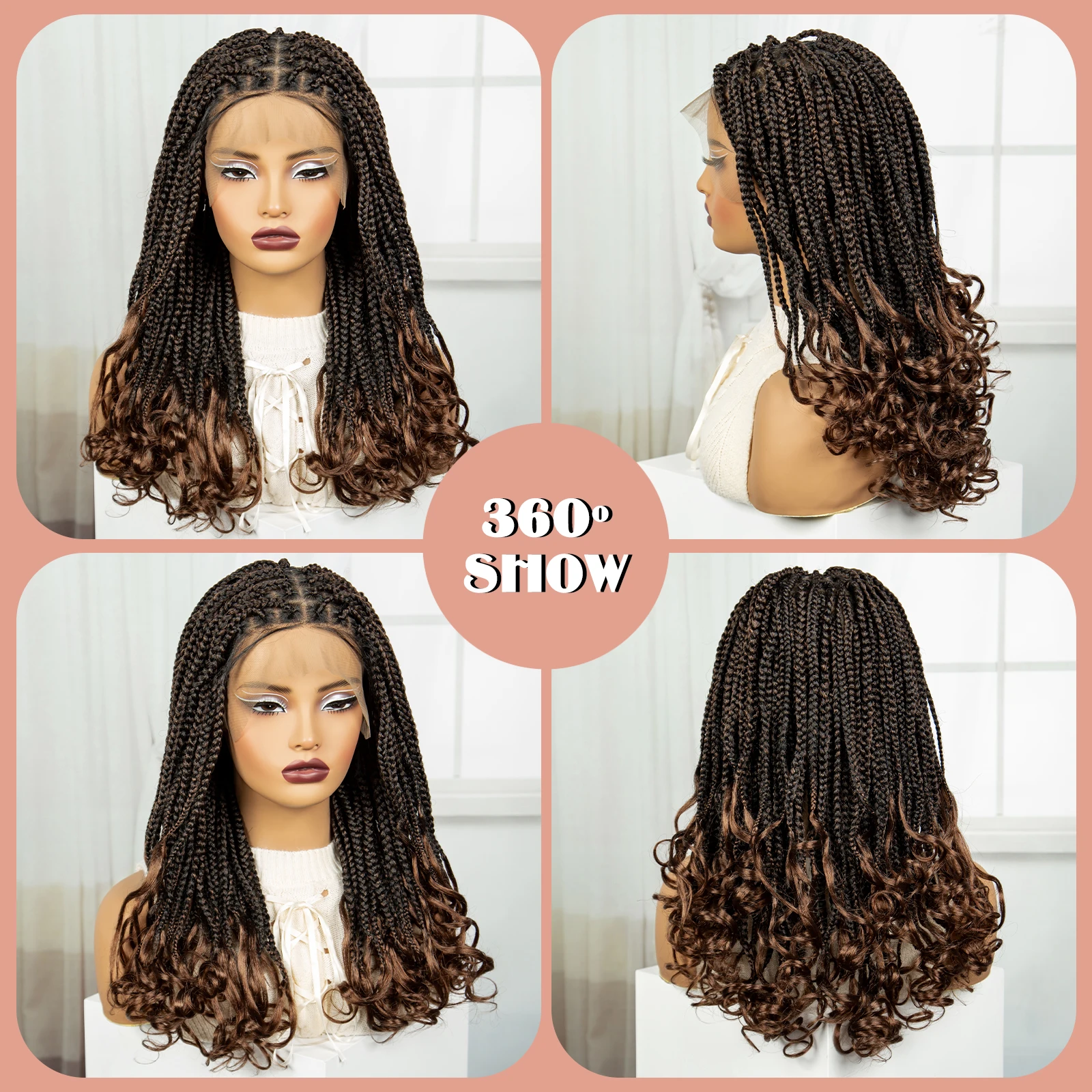 22 بوصة كامل الدانتيل شعر مستعار مضفر الاصطناعية Knotless صندوق شعر مستعار مضفر مع أطراف متموجة الظلام أومبير تجديل خصلات الشعر المستعار للمرأة السوداء #5
