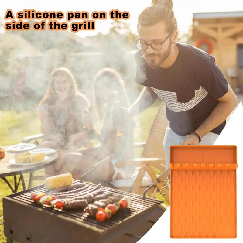 BBQ Side Rack Silicone Tray Silicone BBQ Baking Pan Mat Reusable Grill Drip Pans Grease Catcher For Oil Bottles Seasoning Jar