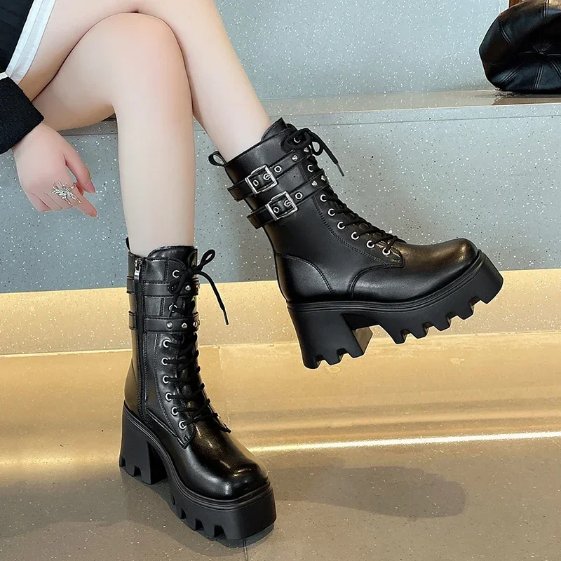 2024 New Fashion Platform Wedges Motorcycle Boots for Women Buckle Black Ankle Boots Shoes Woman Gothic Thick High Heels Botas