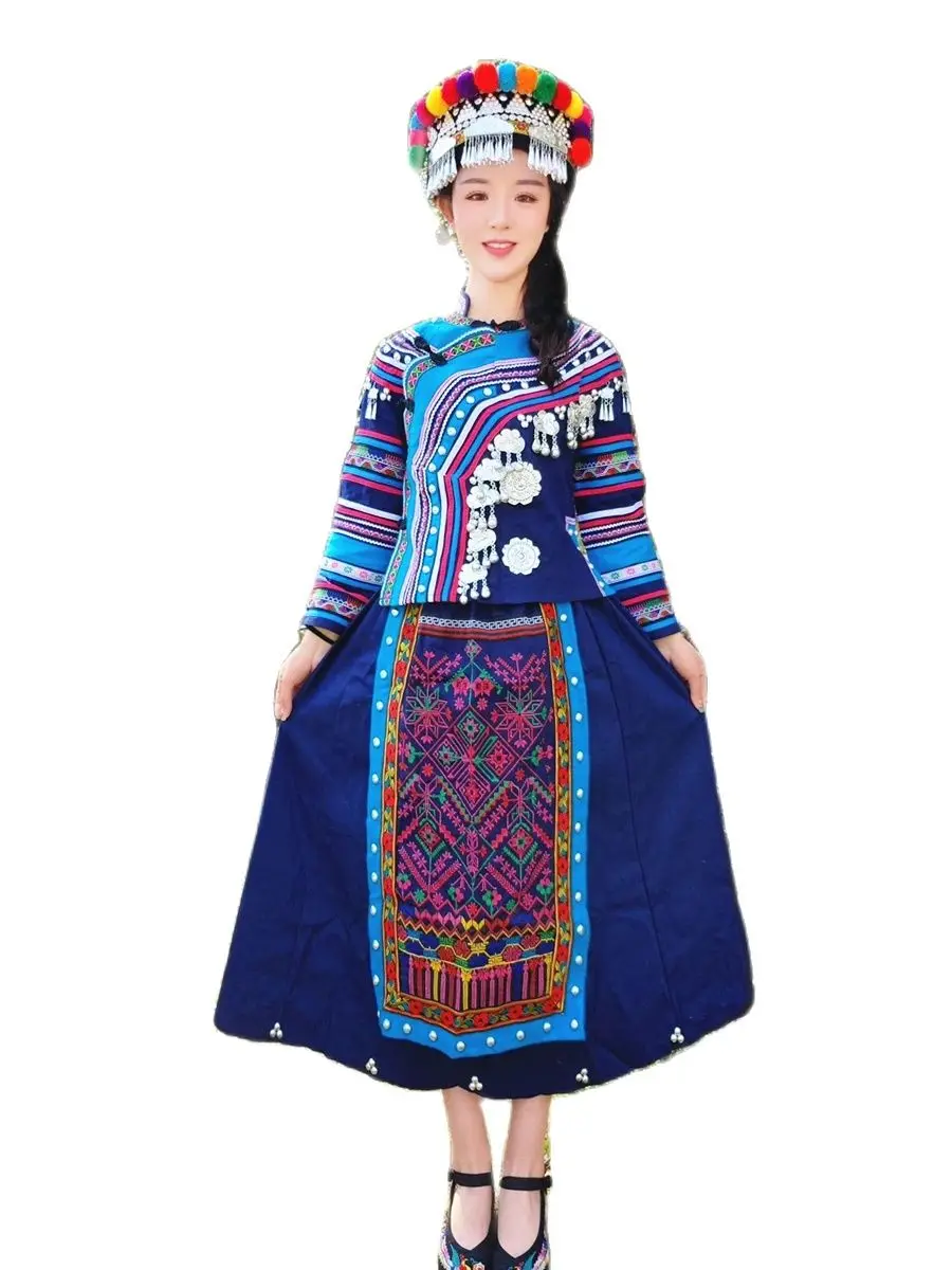 Embroidery Miao Costume Hmong Women Ethnic Style Perfomance Dress Chinese Folk Dance wear Adult Ladies