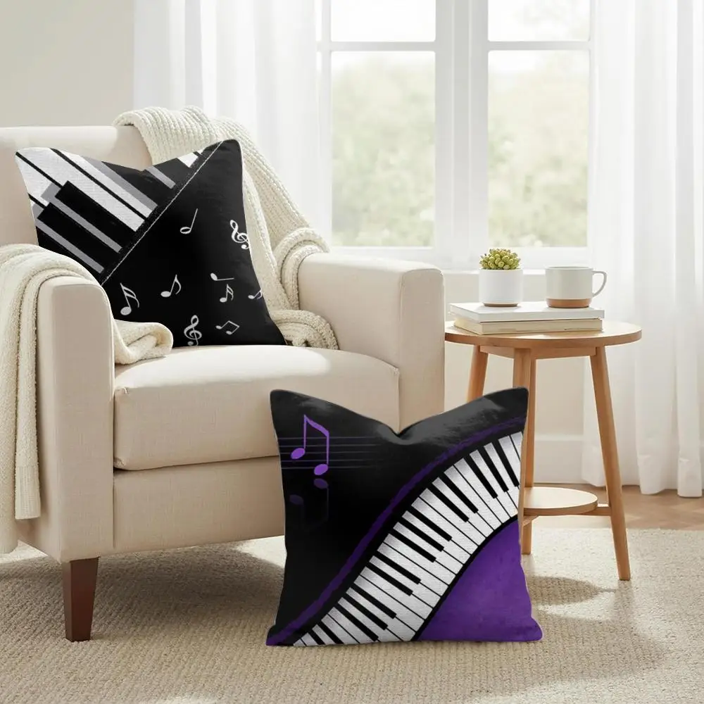 Music Piano Keyboard Cushion Cover Double-Sided Printed Organic Linen Pillow Cover, Decorative for Sofa Home