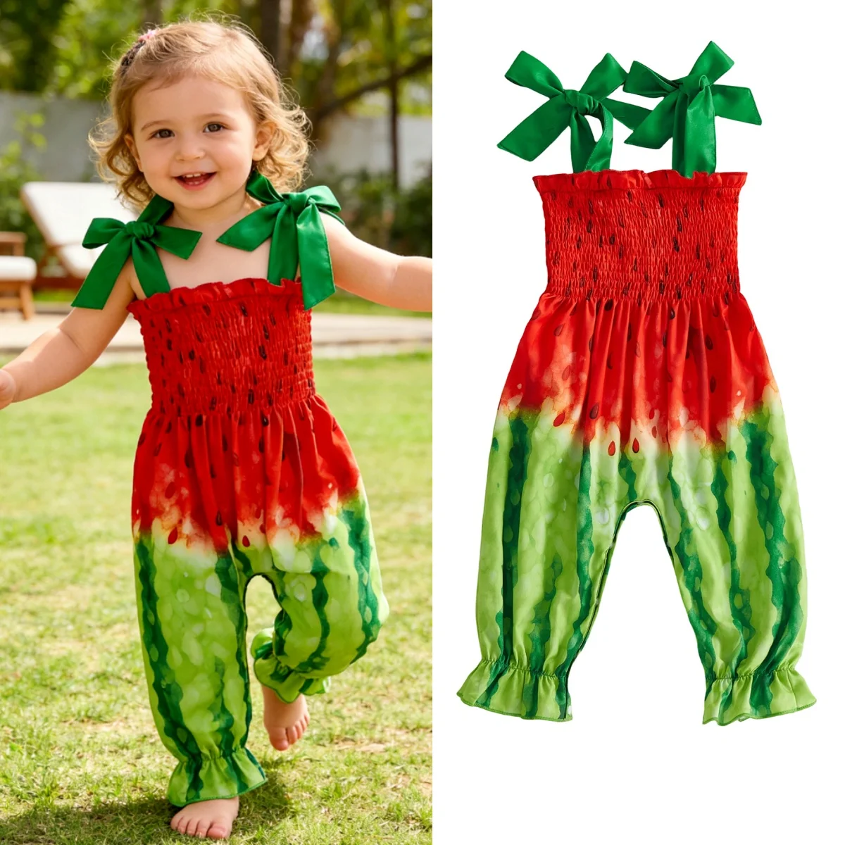 

Летний комбинезон для маленьких девочек, комбинезон без рукавов с завязками на плечах и принтом арбуза, пижамный костюм для младенцев