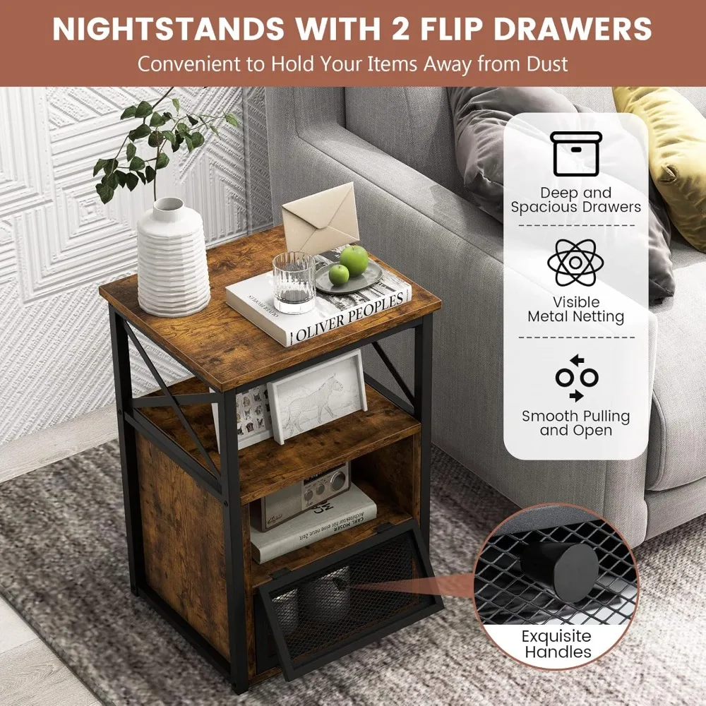 Industrial Bedside Table, Wooden End Sofa Side Table with 2 Flip Drawers and Open Shelf, Metal Frame Accent Table Nightstand for