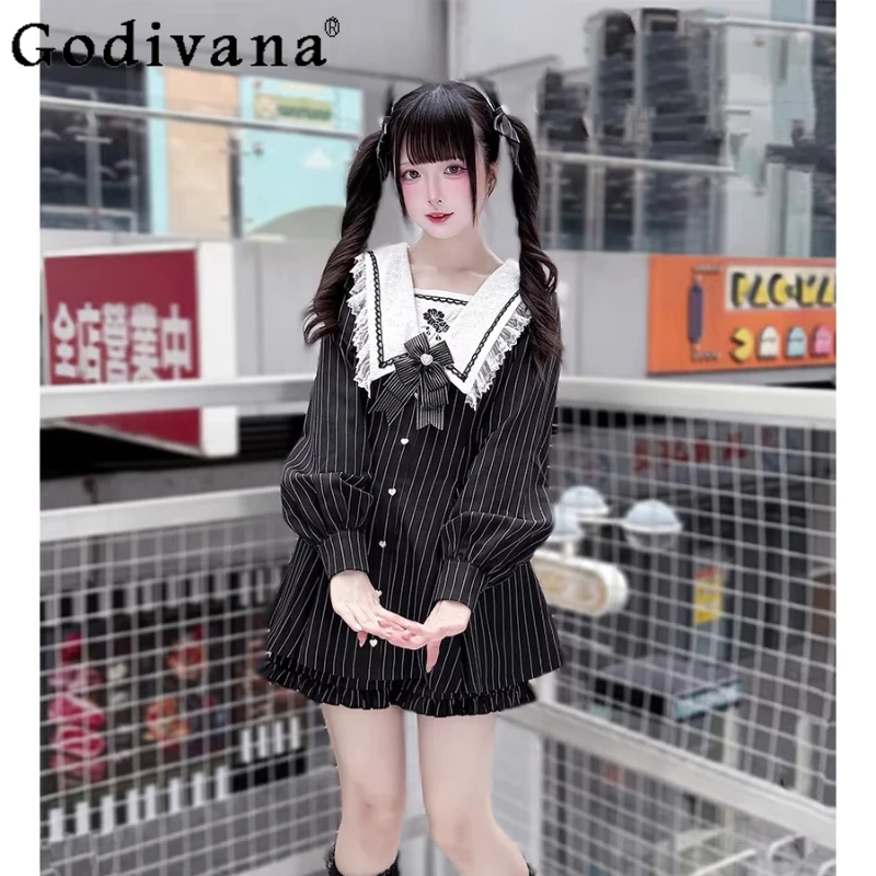 

Japanese Mine Women's Dress Set Spring and Summer New 2026 Sweet Girl's Lace Edge Navy Collar Striped Top Shorts 2-piece Set