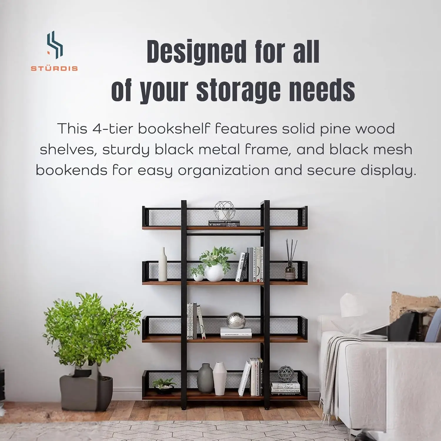 4 Tier Solid Pine Wood And Metal Frame Industrial Bookshelf, Bookcase With Mesh Barriers For Bedroom, Office, Living Room, Or