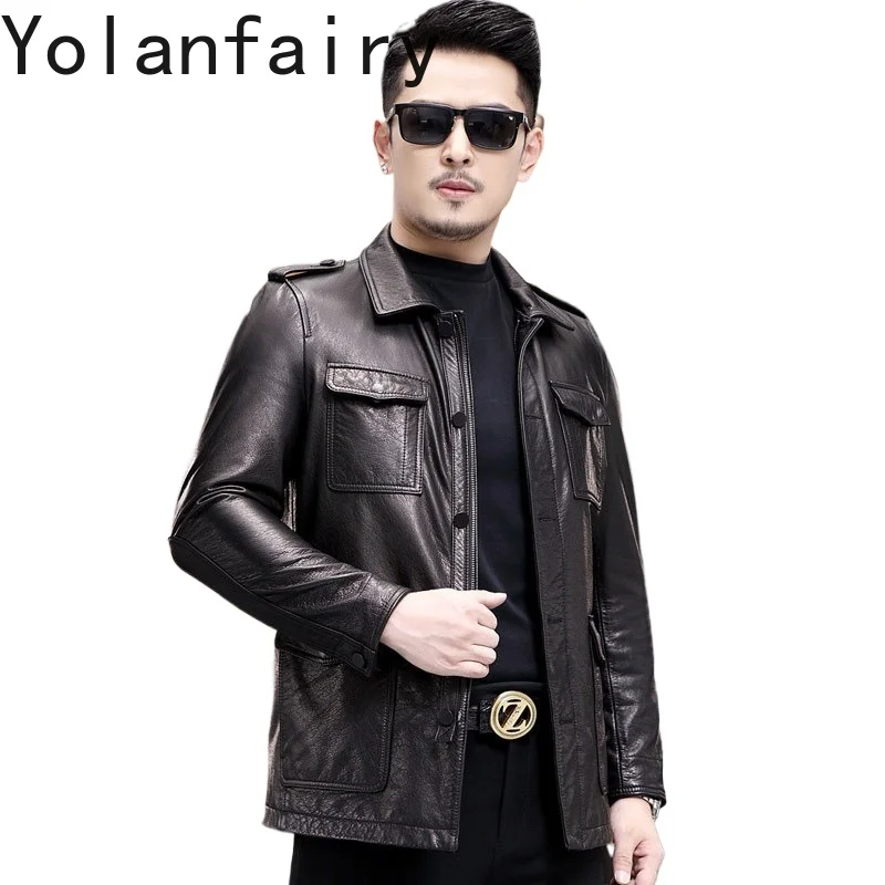 

YOLANFAIRY Genuine Leather Cowskin Mens Jacket Spring Autumn Hunting Jackets Turn-down Collar Casual Short Coat Casaco Masculino