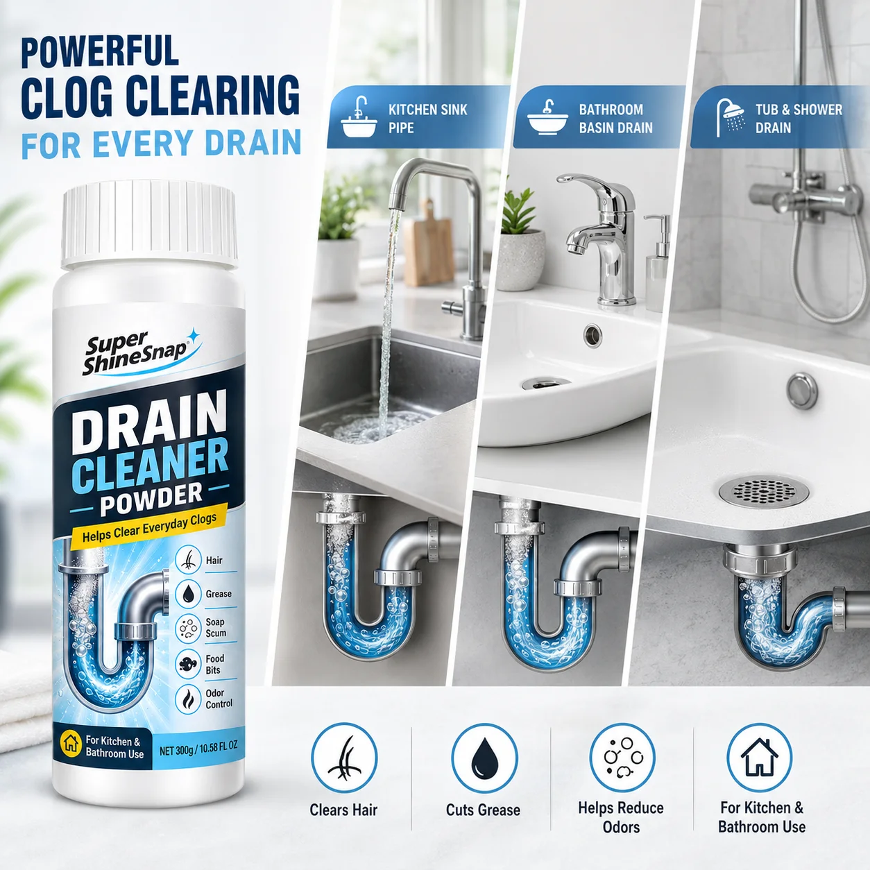 300g Drain Cleaner Powder for Kitchen and Bathroom Use, White Powder Drain Care Cleaner for Hair, Grease, Soap Scum, Food Bits and Odor Control, Easy Household Pipe Cleaning Supplies view 4