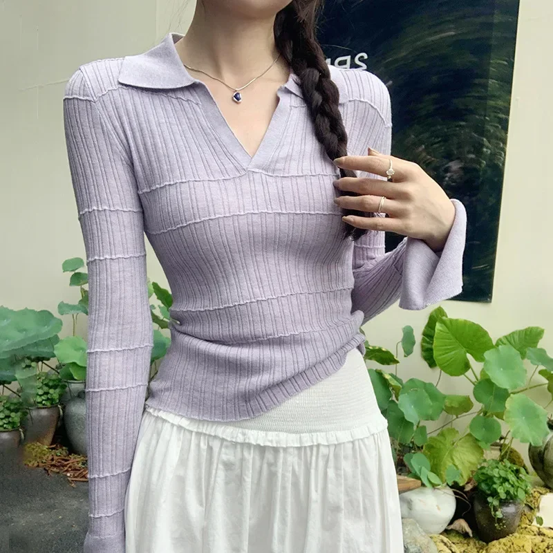 

Women Early Autumn New Style Top Bamboo Texture Bell Sleeve Polyester Fiber Slim Fit Long Sleeve V Neck Wool Knitwear