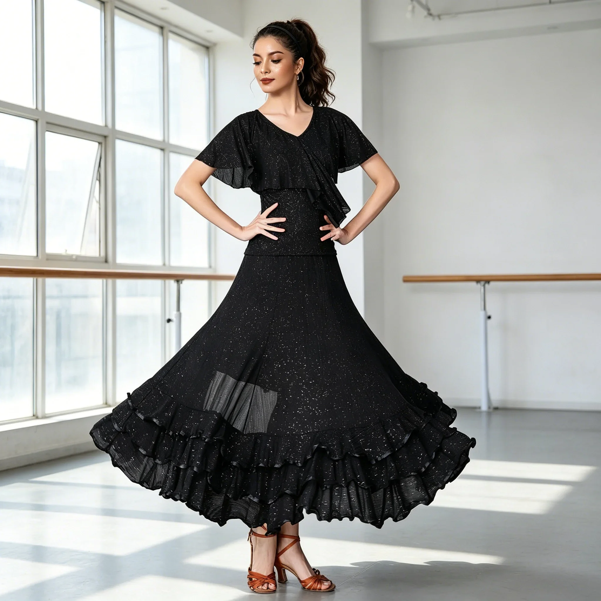 Women Flamenco Dance Set Cape Short Sleeve Ruched Waist Sparkle Mesh 360° Long Maxi Skirt Ballroom Latin Costume flamenco dance