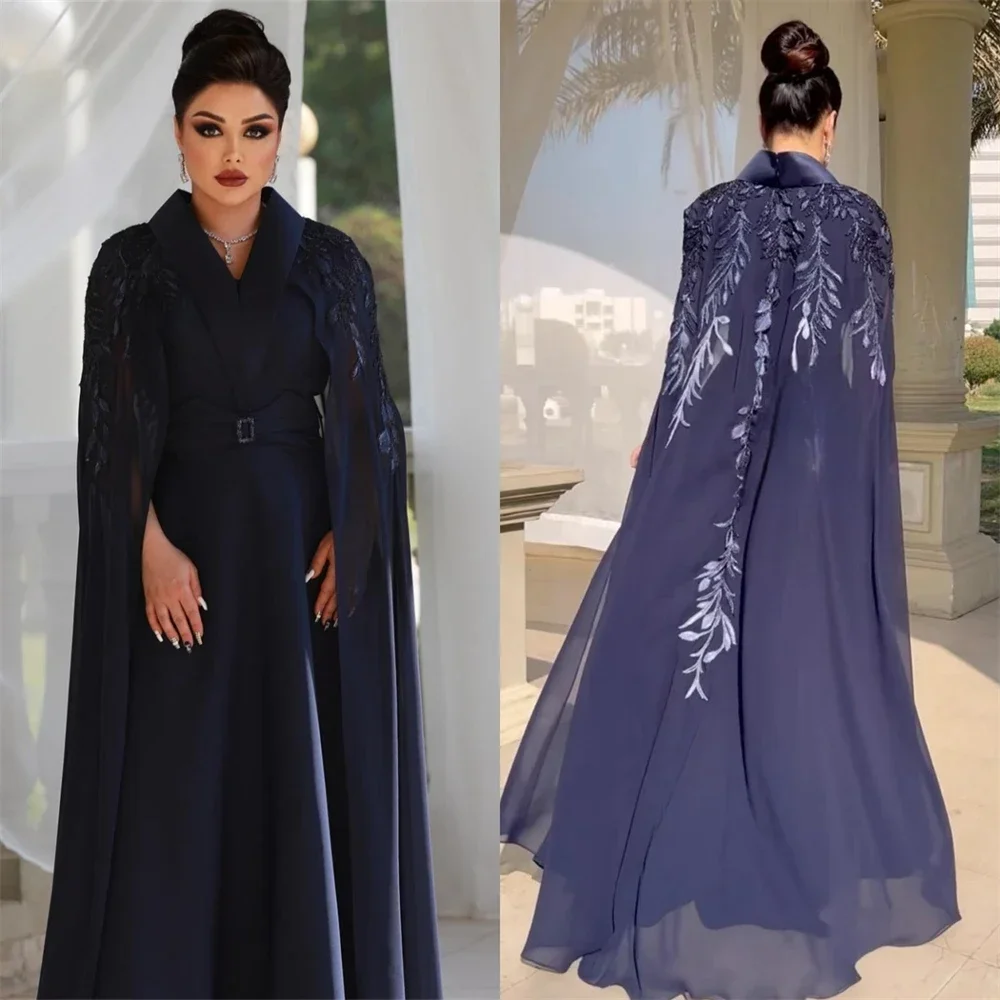 Customized Evening Dress Formal Prom Gown V-neck A-line Floor Length Vertically Stole Bespoke Occasion Dresses Saudi Arabia