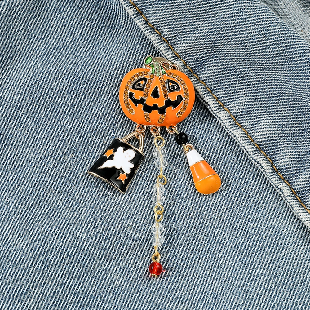 

Halloween Pumpkin Pattern Crystal Charm Brooch Fashion Creativity Tassel Button Badge for Backpack Clothing Festival Accessories