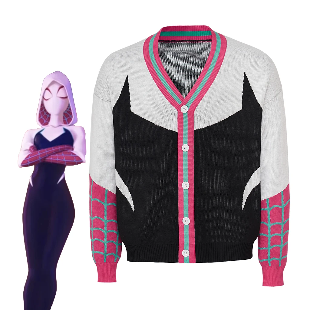 

Gwen Cosplay Costume Knitted Cardigan V-neck Single Breasted Knitwear Sweater Unisex Casual Knit Tops Halloween Carnival Clothes