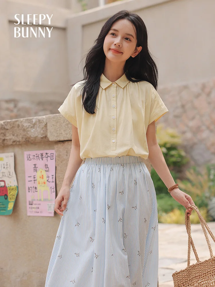 

Preppy Style Loose Short Sleeve Blouse for Women Summer Lightweight Pleated Button Shirt Casual Korean Lapel Top for Teen Girls