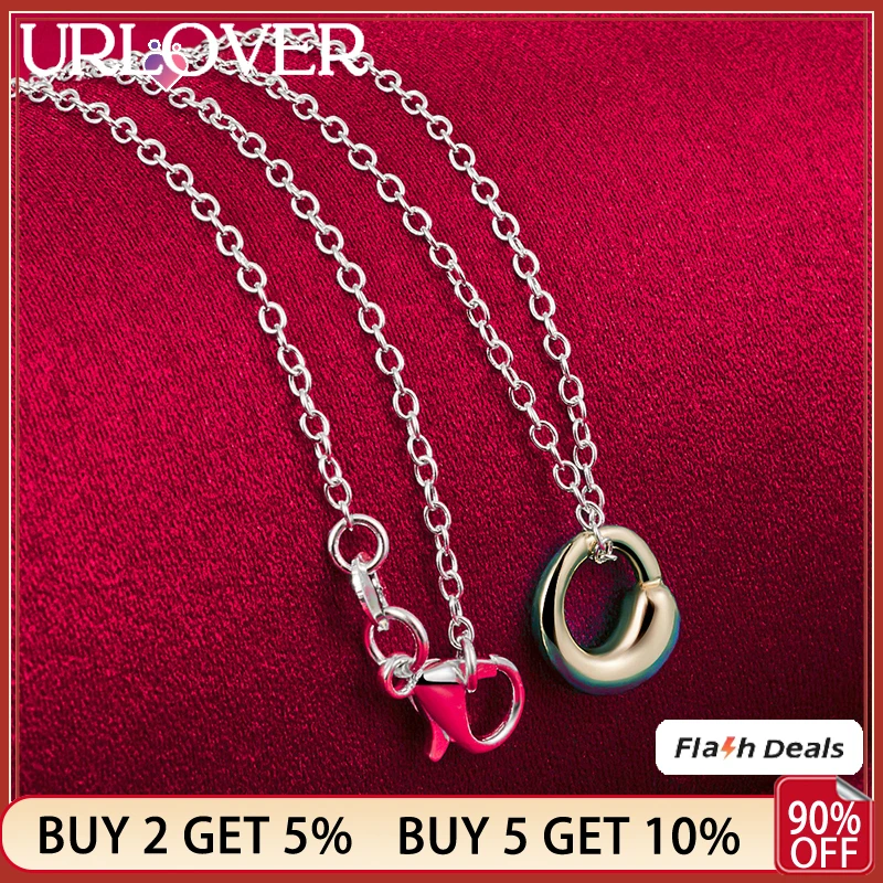

URLOVER 925 Sterling Silver Gold Circle Pendant Necklace For Women 16-30 Inch Chain Bridal Wedding Party Charm Jewelry Gift