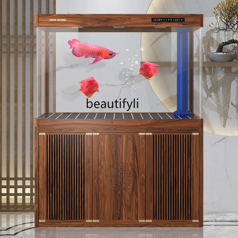 

Large living room floor-to-ceiling aquarium hot bending arc new Chinese water-free bottom filter dragon fish tank