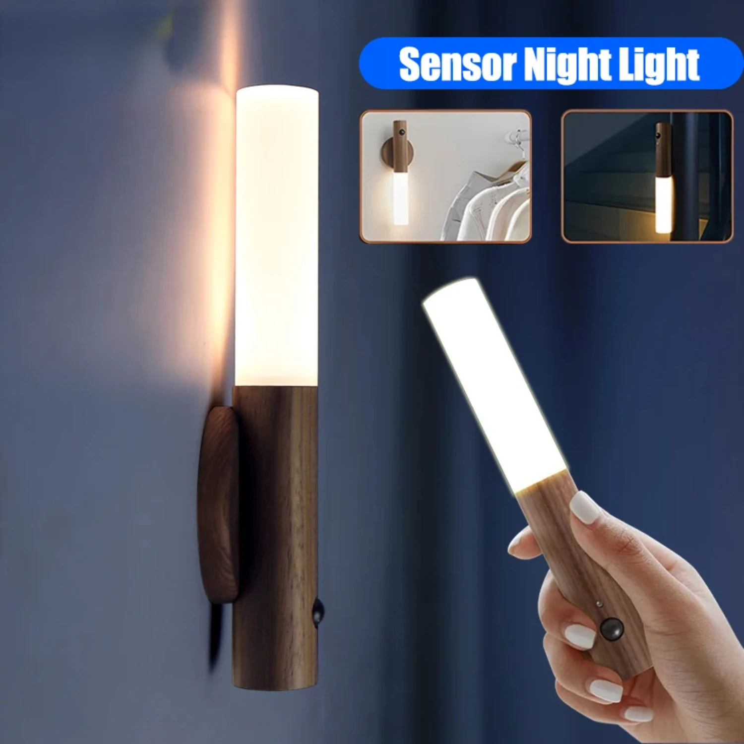 LED Wood Night Light com Sensor de Movimento PIR, Lâmpada de parede, USB recarregável, Escada e Quarto Lâmpadas, Iluminação de cabeceira, Novo